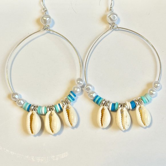 Silver Cowrie Shell White Freshwater Pearl Earrings Island Beach BIG Hoop Plated - Picture 6 of 10